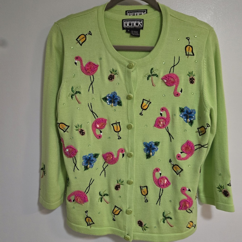 Berek Size S Green Twinset Embroidered Beaded Cocktails Flowers Flamingo Sweater